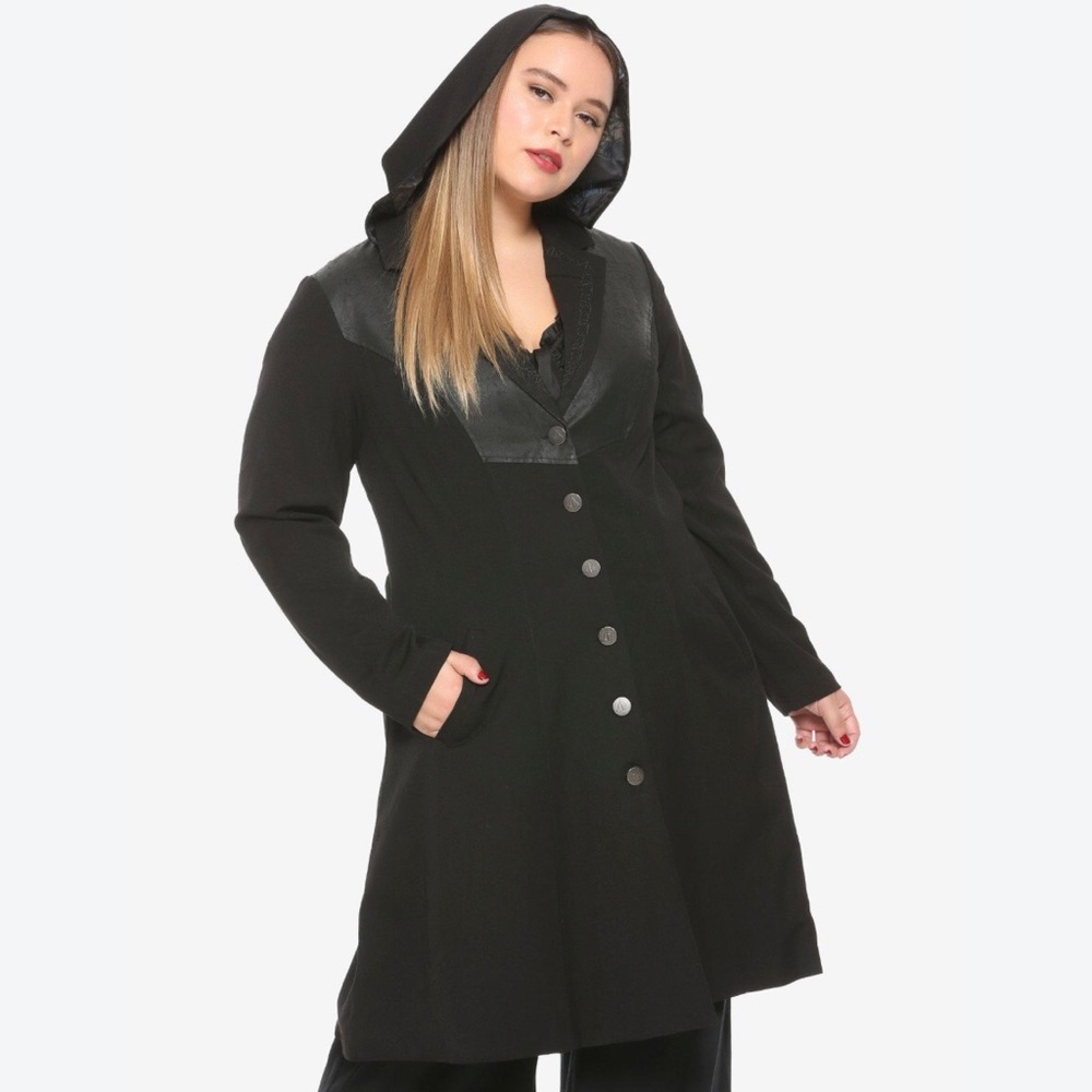 Harry Potter Hot Topic Hooded Black Long Button Trench Coat Goth Halloween